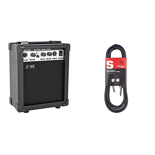 3rd Avenue 10W Guitar Amplifier with Headphone Output, Overdrive Switch, Tone Control – Portable Compact Practice Amp – Black & Stagg SGC3 3m, Phone to Phone Plug Instrument Cable, Black
