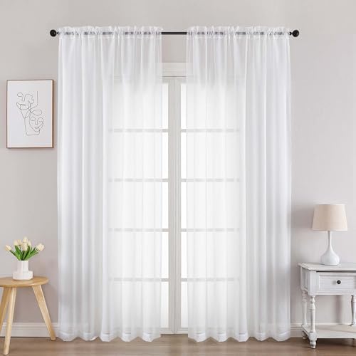Image of Chyhomenyc White Sheer Curtains 84 Inches Long 2 Panels, Light Filtering White Curtains for Living Room, Soft Gentle Voile Rod Pocket Bedroom Window Drapes, 59Wx84L Inch, 2PCS