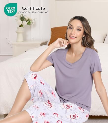 Image of NACHILA Bamboo Viscose Pajamas for Women Lace V Neck Capri Pants Pjs Set