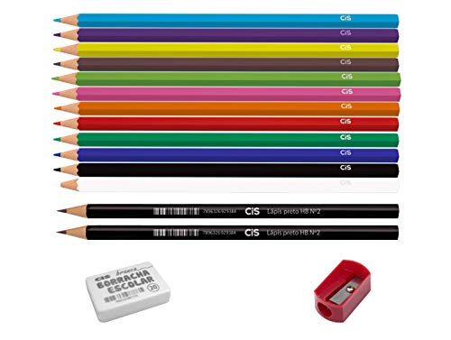 Lápis de Cor Sextavado + 2 Lápis Grafite Nº 2HB + Borracha + Apontador, CIS, Kit Escolar 1