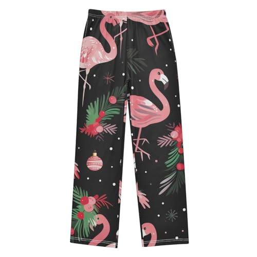 Flamingo Pine Branch Flowers Boys Long Pants Soft Trousers Elastic Waist Kids Lounge Bottoms with Pockets S-XL