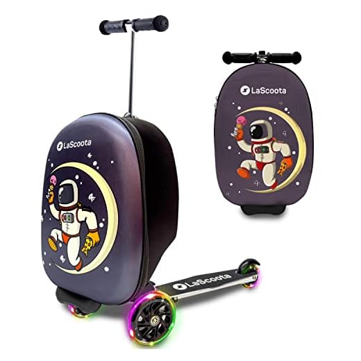 Lascoota Scooter Suitcase, Foldable Scooter Luggage For Kids - Lightweight Kids Ride on Luggage Scooter with Wheels, LED Lights - Astronaut Graphic Suitcase Scooter, Ride On Suitcase for Kids Ages 2-5