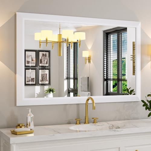 Amorho Bathroom Mirror, 48x30 Inch White Thick Metal Framed Wall Mirrors for Over 2 Sinks, Bedroom, Living Room, Entryway, Large Rectangle Wall-Mounted Mirrors.