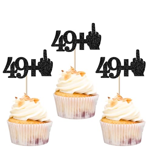 Xsstarmi 24 Pack 50th Birthday Cupcake Toppers Glitter Middle Finger 49+1 Cupcake Toppers Funny Cheers to 50 Fabulous Cupcake Picks Decors for 50th Birthday Anniversary Party Cake Decorations Black