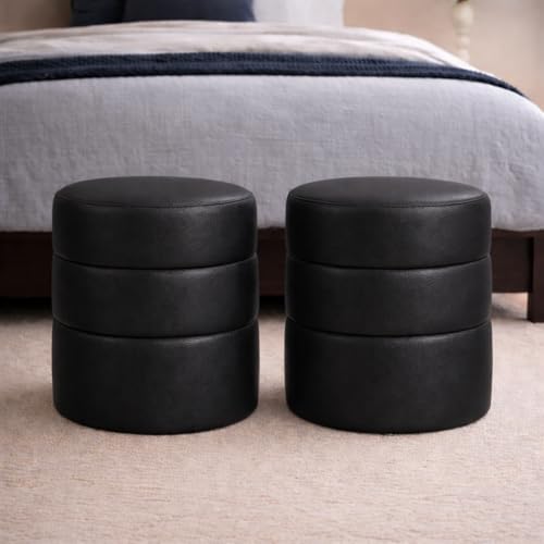 Image of HomePop 18 inch Round Ottoman - Black Faux Leather