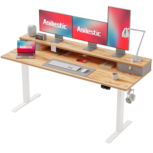 Agilestic Escritorio Regulable en Altura con 2 cajones, 160 x 60 cm Escritorio Estable Eléctrico Regulable en Altura, Escritorio ergonómico de bipedestación Escritorio para Ordenador, Marrón Claro