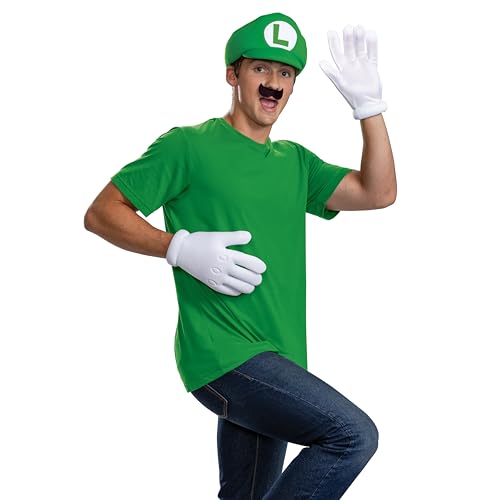 Disguise Luigi Costume Kit, Official Nintendo Super Mario Halloween Costume Accessories including Hat with Mustache and Gloves, Adult Size
