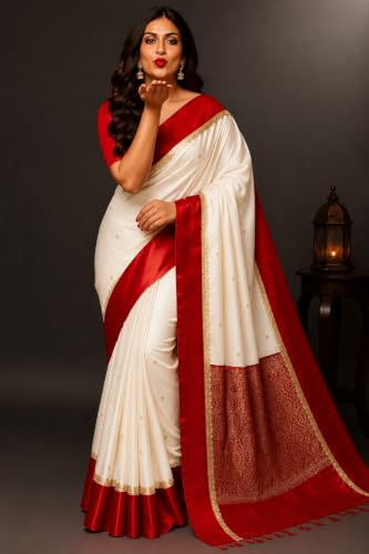 Image of Women's Glory Banarasi Satin Silk Saree with Rich Gold Silver Zari Floral Embroidery | Kanjivaram Style | Traditional Wedding & Festive sadi with Contrast Border