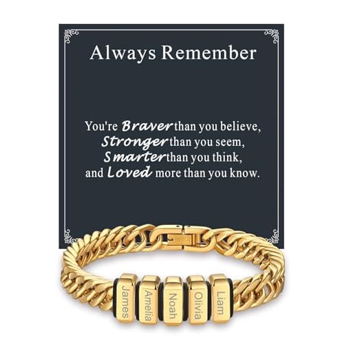 Custom4U Personalized Cuban Link Bracelet for Men, Stainless Steel/18K Gold Plated/Black 1-8 Names Engraved Customized Name Chain Bracelet for Men Jewelry Gifts for Man Dad Husband Father 02