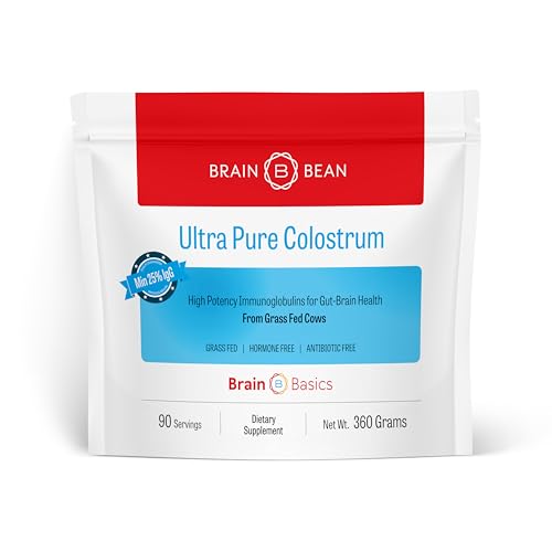 Brain Basics Ultra-Pure Colostrum, 4000mg per Serving, Min 25% IgG antibodies, Gut-Brain-Immune Health, Glowing Hair and Skin. Colostrum Powder from Grass-Fed Cows. 360 Grams - 90 Servings