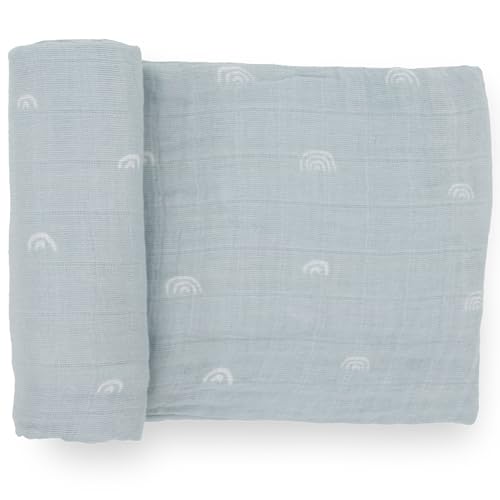 Image of Little Unicorn Premium Cotton Swaddle Baby Blanket | Breathable Fabric | for swaddling, Play, Nursing & More (Blue Rainbow)
