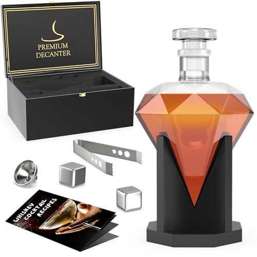 Image of Enem Whiskey Diamond Decanter Set with 2 Whiskey Stones & Tong, for Dignified Drinking Experience, Home Decor, for Tequila, Vodka, Any Alcohol, 850ml Capacity, with Enem Customer Support