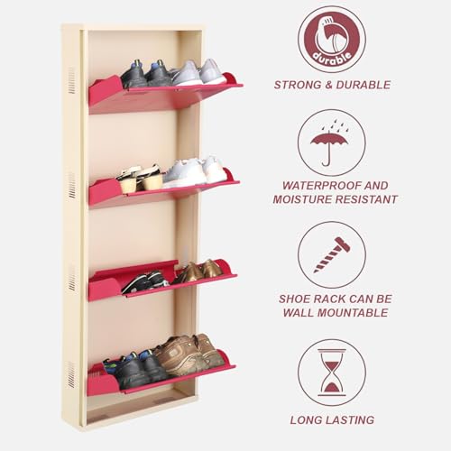 Image of Metal Shoe Rack Wall Mounted for Home with Central Locking 4 Door 20 inch Wall Mounted Metal 8 Pair Shoe Rack Cabinet Pre-Assembled Rack Shelves 3 Year Warranty (Pink & Ivory)