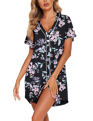 Image of Ekouaer Womens Nightgown Button Down Sleep Shirts Short Sleeve Nightshirt V-Neck Sleepdress Soft Sleepwer