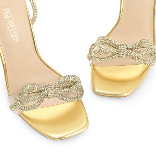 DREAM PAIRS Women's Double Bowknots Crystal Sandals Clear Slingback Heels Square Toe Shoes for Party Wedding Brielle,Size 7.5,Gold-Rhinestone,SDHS2389W