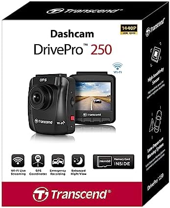 Transcend Kamera samochodowa DrivePro 250 z czujnikiem obrazu o wysokiej czułości STARVIS, wbudowany GPS, Wi-Fi i bateria z trybem parkowania i wideo poklatkowe TS-DP250A-32G
