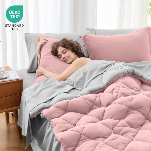Twin Comforter Set 5 Pieces, Reversible Bed in a Bag, Pink/Light Grey - image 4