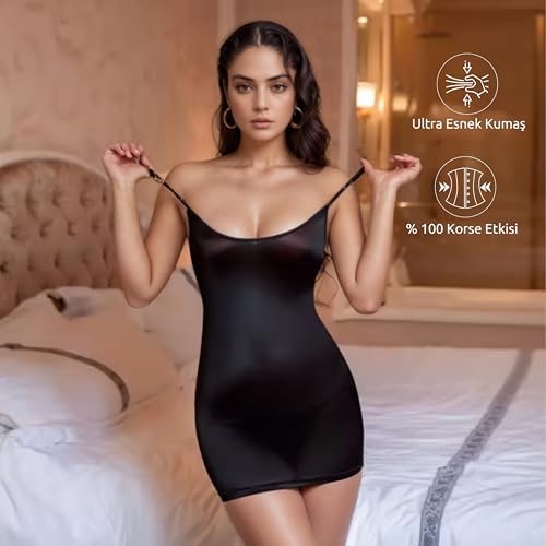 Korse Etkili Ayarlanabilir Askılı Parlak Transparan Mini Siyah Kadın Fantezi Vücut Çorabı Tek Beden - Görsel 4