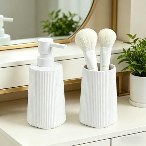GAHEFY White Bathroom Accessories Set, 2-Piece Soap Dispenser and Toothbrush Holder Set, Modern ABS Countertop Bathroom Set for Bathroom Vanity (White) - 4