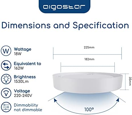 Aigostar LED Ceiling Light, 18W Daylight White Ceiling Lights, 6500K Kitchen Lights Ceiling, 2100LM Cool White LED Ceiling Lights for Bedroom, Living Room, Hallway, Outside Porch and More