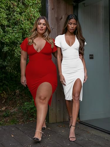 Image of LAGSHIAN Women's Plus Size Sexy Bodycon V Neck Ruffle Short Sleeve Split Hem Midi Pencil Dress Red