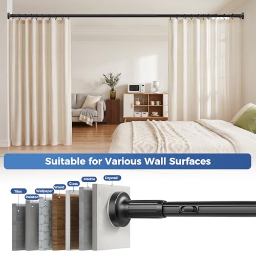 Image of ALLZONE Adjustable Tension Curtain Rod, 40-121 inches, Heavy Duty Curtain Rods No Drilling, Anti-Slip Tension Rod for Window, Shower, Outdoor & Patio, Easy to Install, 1.26In Diameter, Black