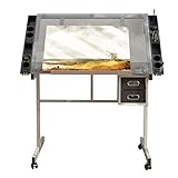 Soges 40.9 in Adjustable Drafting Table Tempered Glass Top Drawing Desk Painting Table Draft Table Art Craft Station Study Table with 2 Drawers and Wheels for Painting Reading Writing CZKLD-028