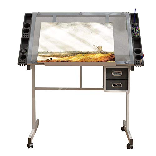 Soges 40.9 in Adjustable Drafting Table Tempered Glass Top Drawing Desk Painting Table Draft Table Art Craft Station Study Table with 2 Drawers and Wheels for Painting Reading Writing CZKLD-028