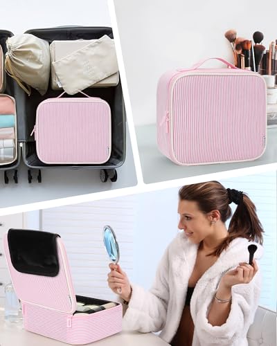 Image of Relavel Travel Makeup Train Case, Portable Cosmetic Case Makeup Organizer, Professional Artist Storage Bag with Adjustable Dividers for Cosmetics Brushes, Birthday Gifts for Girls, Pink Stripe