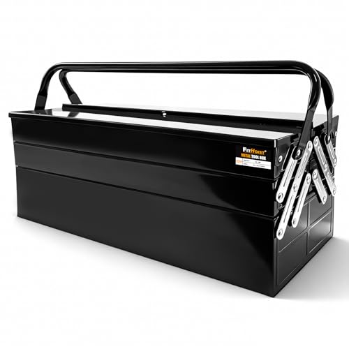 FITHOIST Metal Cantilever Tool Box 3-Tier 5 Tray Fold Out Steel Tool Box with Handle 22 inch Stack-able Portable Tool Storage Box Organizers Tool Chest for Household Factory Warehouse Repair Shop