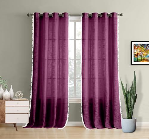 Image of THE LINEN COMPANY Cotton Sheer Grommet Curtains with Side Border Pompom Sheer Curtain for Long Door Linen Textured, Light Filtering, Pack of 2 (Plum, 8 Feet)