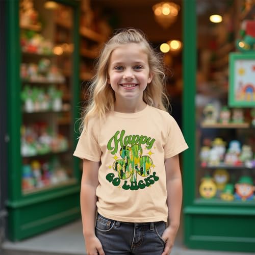 Image of MODNTOGA Kids Girls St Patricks Day Shamrock Graphic T-Shirt Happy Go Lucky Print Shirt Green Clover Short Sleeve Tee Tops (Beige, 8-9 Years)