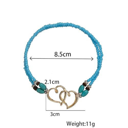 Norlso Heart Ankle Bracelet For Women Double Layered Elastic Beaded Anklet Seed Bead Turquoise Stretch Ankle Bracelet Double Hollowed Heart Anklet Boho Summer Beach Foot Jewelry For Women thumb #2