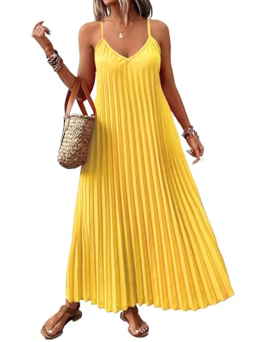 Image of Women's Summer Casual V Neck Sleeveless Strappy Pleated Flowy Loose Maxi Long Beach Dress
