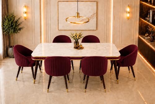 Image of WOODEN SPACE 6-Seater Wooden Dining Table Set | Nano Composite Marble Top | Solid Wood Base | Modern Dining Room Furniture with 6 Chairs (Maroon)