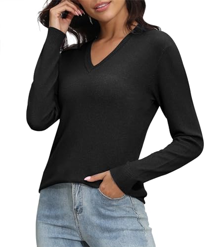 Image of EXCHIC Women's Long Sleeve V-Neck Casual Sweaters Fall Classic Soft Knit Top 2026 Fit Basic Pullover Tops