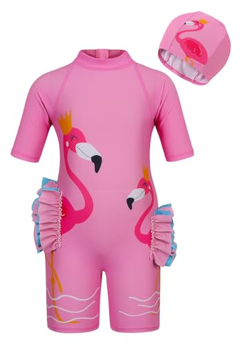 Berich Traje de baño de una pieza para niñas, traje de baño de dibujos animados para niñas con gorra, Rosa A03388, 5-6 años