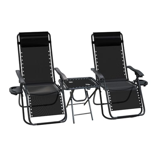 vounot® Lot de 2 Chaise Longue inclinable avec Table Pliable Support de Gobelet Chaise de Jardin Pliable en Textilène Chaise Longue avec Rembourrage de Tête Charge...