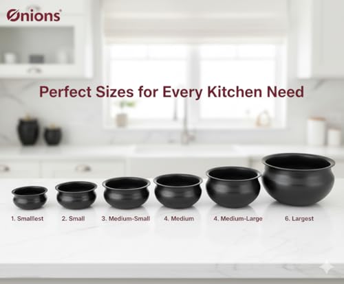 Image of Onions India Gold Hard Anodized Uruli Set of 6 | Traditional Black Cookware | Heat-Even Cooking, Scratch-Resistant & Easy to Clean Kitchen Cookware, Capacity - 1 L, 1.5 L, 2 L, 2.5 L, 3 L, and 4 L.
