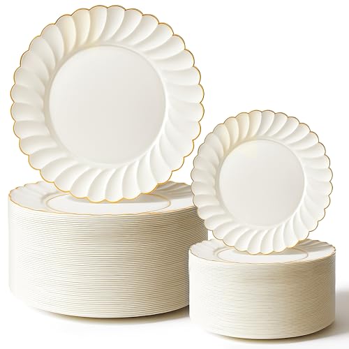 Stock Your Home 60 Pack – Elegant Ivory & Gold Scalloped Plastic Plates – Heavy-Duty Disposable Cream Plates with Gold Rim for Thanksgiving, Holidays, Dinners & Parties