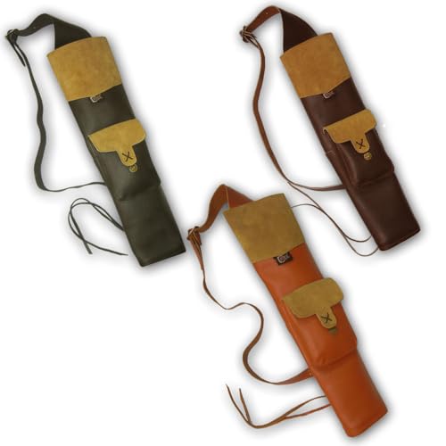 CarolUSA Archery, Hunting Indoor Outdoor Sports, Recurve/Compound/Longbow Traditional Full Grain Finished Tanned Leather Shoulder Back Arrow Quiver, Arrow Holder, Arrow Bag (Black)