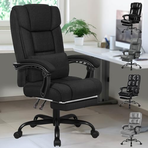 ELFORDSON Office Chair with Lumbar Cushion, Ergonomic Gaming Chair with Footrest, High Back Heavy-duty Chair, 150° Backrest Recliner, Adjustable Height, Swivel, Linen, Black
