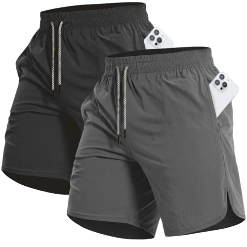 CANGHPGIN 2 Pack Mens Running Athletic Shorts 7 Quick Dry Sports Gym Shorts with Pockets Lightweight Exercise Workout Shorts Men Black/Dark Grey