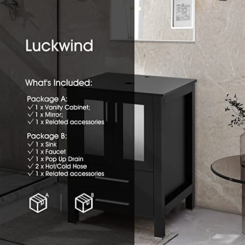 Luckwind 24 Inch Bathroom Vanity Round Brown Vessel Sink Combo,Black Bathroom Wooden Cabinet With Tempered Glass Bowl，Black Orb Solid Brass Faucet & Pop Up Drain, Mirror #TOP4