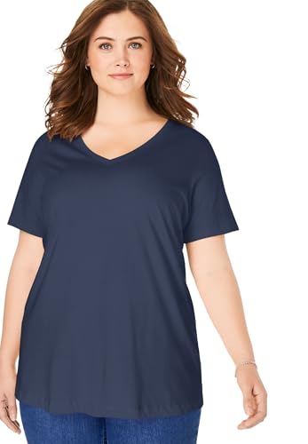 Woman Within Plus Size Perfect Short-Sleeve V-Neck Tee (Petite Available) - 1X, Navy