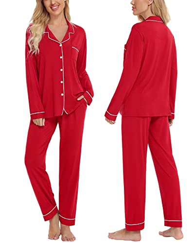 Image of SWOMOG Womens Pajamas Set Long Sleeve Sleepwear Button Down Nightwear Soft Cotton Pj Lounge Sets