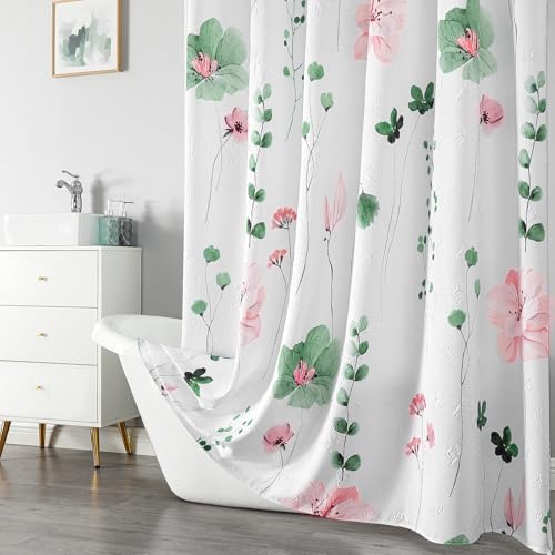 Image of QiyI Watercolor Floral Shower Curtain, 3D Embossed Butterflies Sage Green Botanical Bathroom Curtain, Pink Flowers Cloth Bath Curtain, Waterproof Fabric Textured Shower Curtain Set with Hooks, 72x72