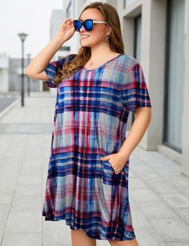 Image of OVERWORETY Womens Short Sleeve Plus Size T-Shirt Dress V Neck Casual Loose Swing A-Line Summer Tunic Dresses with Pockets
