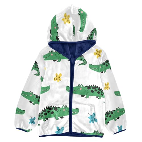 Crocodile Pattern with Flowers Toddler Fleece Jacket Girl Boys Hooded Fleece Jacket Coat Warm Outwear Zip-up 3-10T