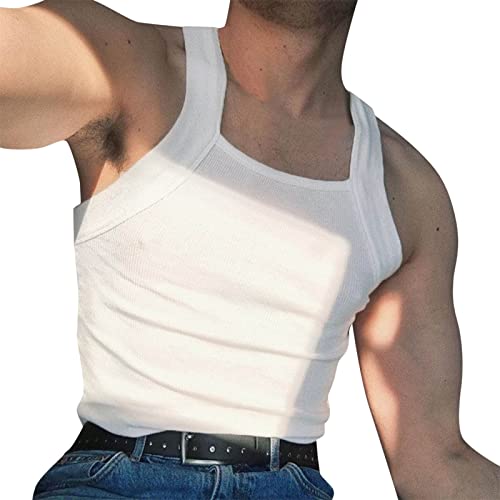 Tank Tops for Men Summer Shirt Trendy Square Neck Sleeveless Tees Y2K Solid Basic Ribbed Undershirt Sexy Vest Top